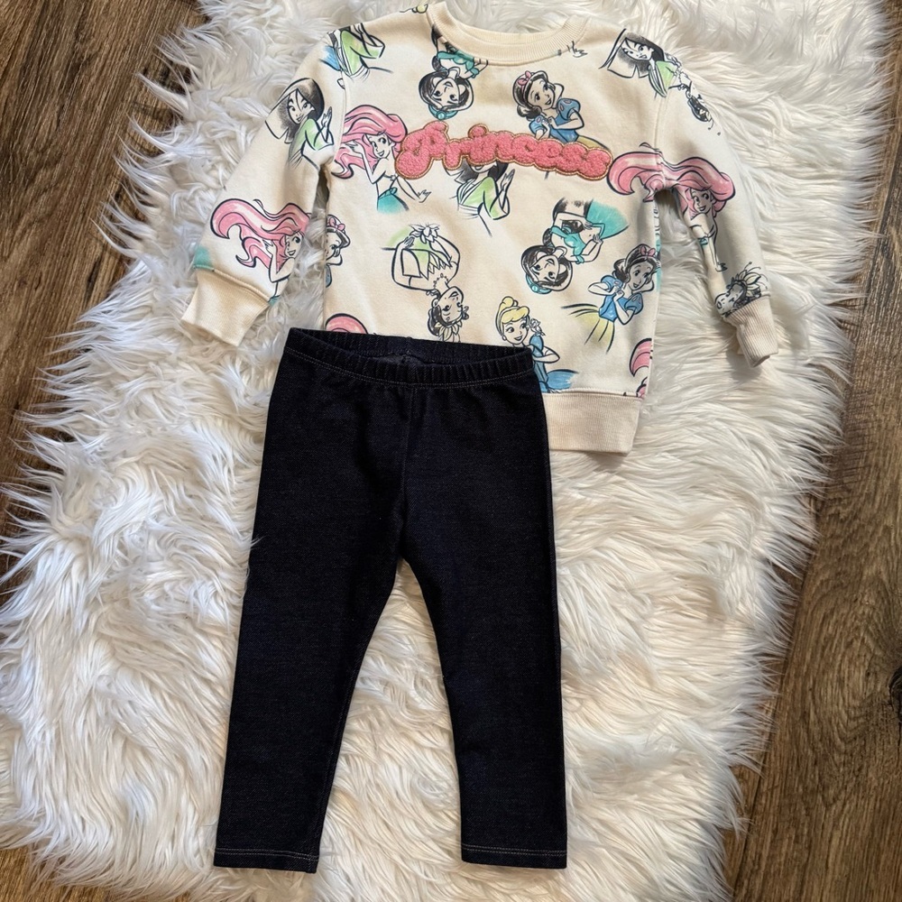 Disney Princess Toddler Girls Sweatshirt‎ & Cat & Jack Leggings Set Size 2T